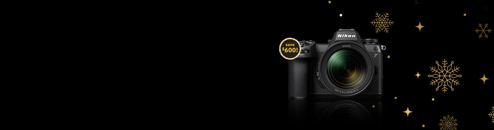 Camera with a brand logo on a black background with decorative elements