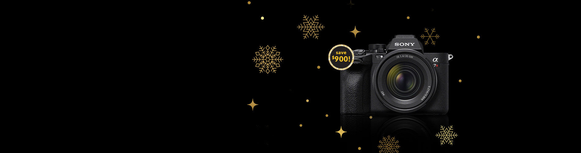 Sony camera on a black background with gold snowflakes