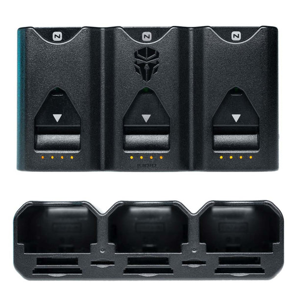 Three battery charger with multiple compartments on a white background