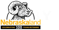 Logo of Nebraskaland with a ram's head and text celebrating 100 years outdoors.