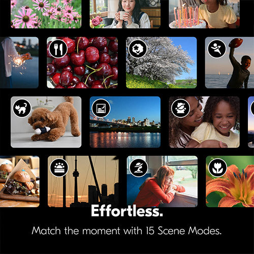 A promotional collage showing multiple small lifestyle and scene photos arranged in a grid above the text 'Effortless. Match the moment with 15 Scene Modes.