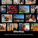 A promotional collage showing multiple small lifestyle and scene photos arranged in a grid above the text 'Effortless. Match the moment with 15 Scene Modes.
