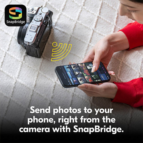 <h4 style="text-align: center;">Nikon SnapBridge</h4> <p style="text-align: center;">Automatically send photos to your compatible phone or tablet as you shoot, transfer short video clips wirelessly and use your smart device to control the camera remotely with live view.</p>