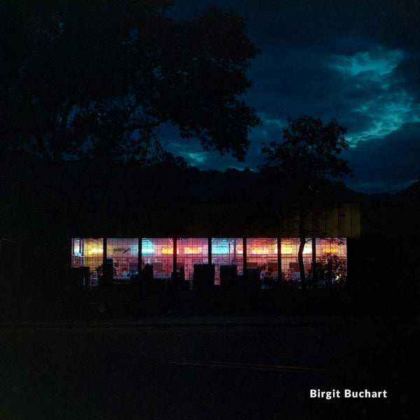 Building with colorful lights at night, surrounded by trees and a dark sky.