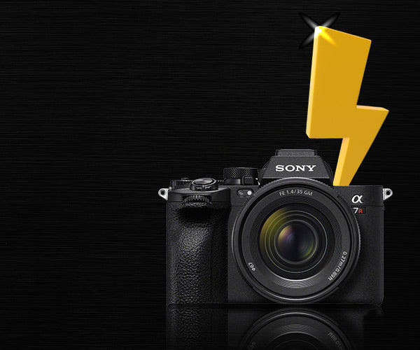 Sony camera with a yellow lightning bolt on a black background
