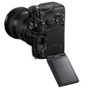 Sony a7 V camera in a vertical shooting position with LCD screen extended