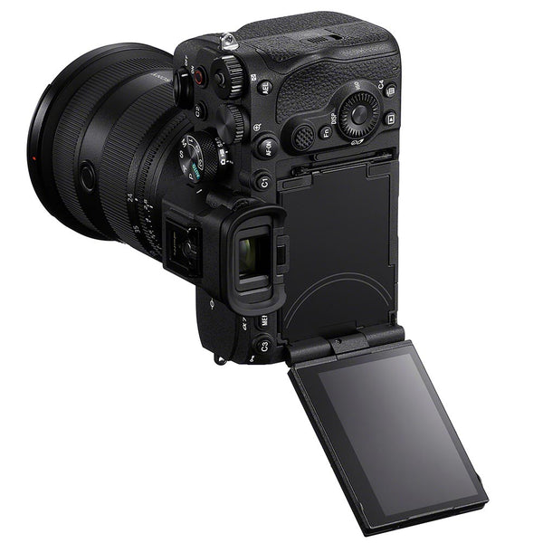 Sony a7 V camera in a vertical shooting position with LCD screen extended