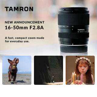 TAMRON 16-50mm F2.8A lens shown on a light gray background with promotional text and three small lifestyle photos: a dog running outdoors, a close-up of a black textured surface, and a child blowing out birthday candles.