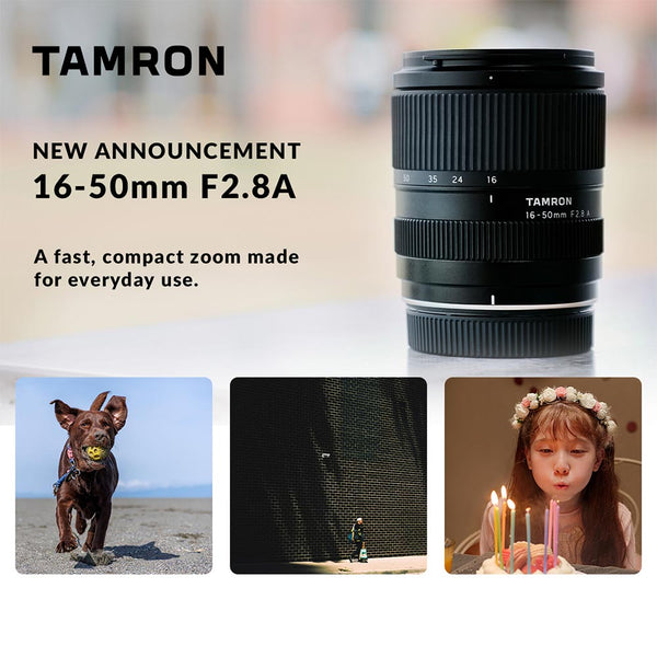 TAMRON 16-50mm F2.8A lens shown on a light gray background with promotional text and three small lifestyle photos: a dog running outdoors, a close-up of a black textured surface, and a child blowing out birthday candles.