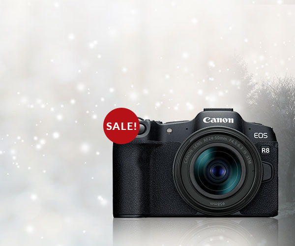Canon EOS R8 camera with a 'SALE!' label on a light gray background