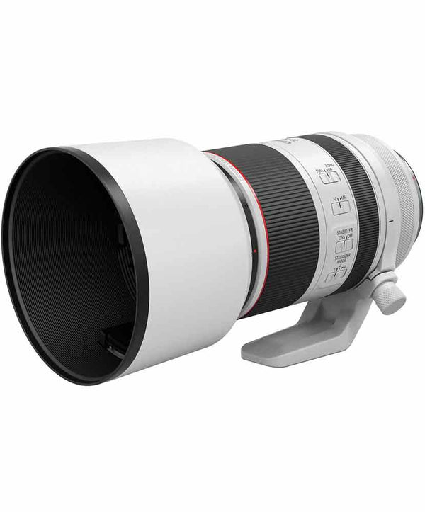 Side angle of the Canon RF 70-200mm f/2.8 L IS USM Lens with hood