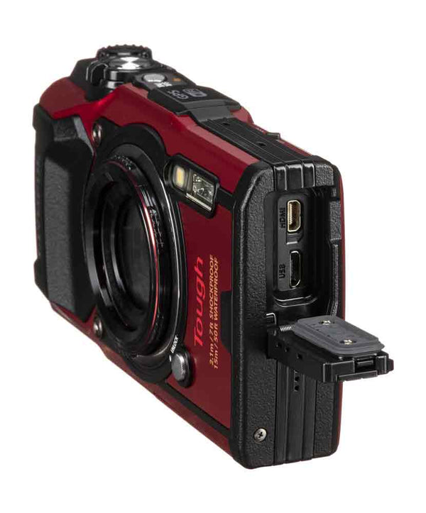 Open ports of the Olympus Tough TG-6 Digital Compact Camera in Red