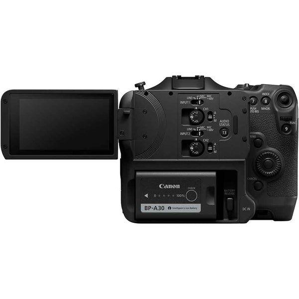 LCD Screen Open with Audio Controls on the Rear Side of the Canon EOS C70 Camcorder