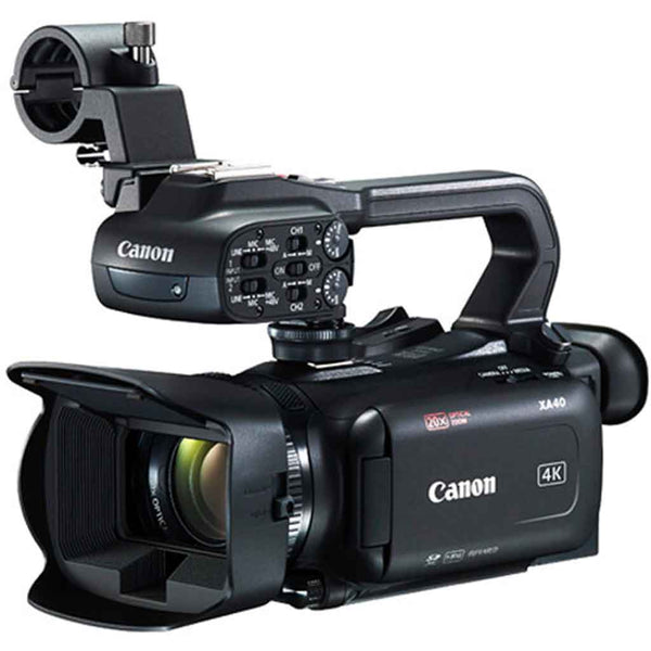 Front Side with Open Lens Hood of the Canon XA40 4K UHD Professional Camcorder