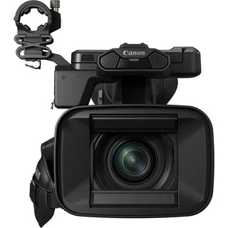 Front Side with Lens Hood Open and Front Microphone of the Canon XF605 4K UHD Camcorder