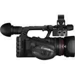 Grip Side with Zoom Control, XLR Ports, and Shotgun Microphone Holder of the Canon XF605 4K UHD Camcorder