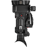 Top Side with Top Handle, LCD Screen & Tiltable EVF, Zoom & Record Controls of the Canon XF605 4K UHD Camcorder