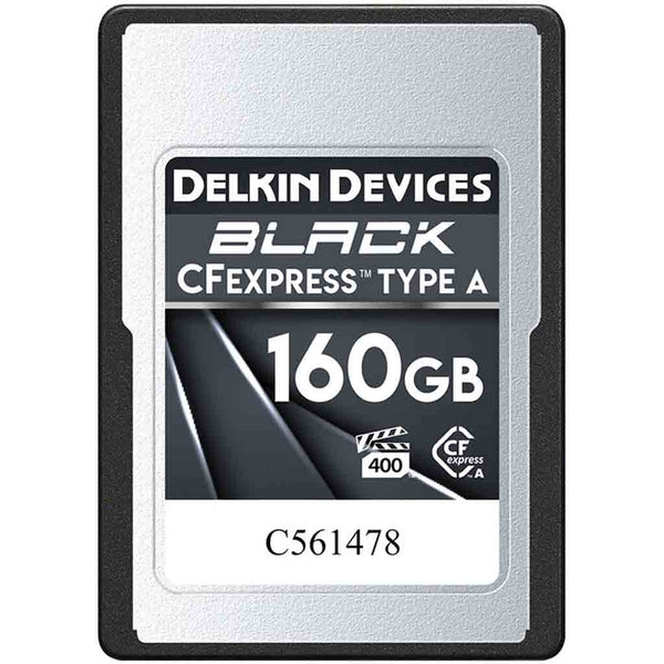Front Side of Delkin 160GB CFexpress Type A Black Memory Card