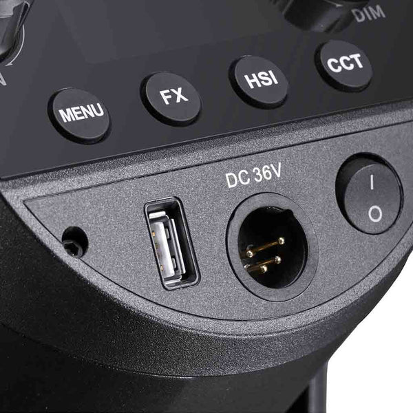 Power and firmware inputs of Godox SZ150R RGB LED Kit