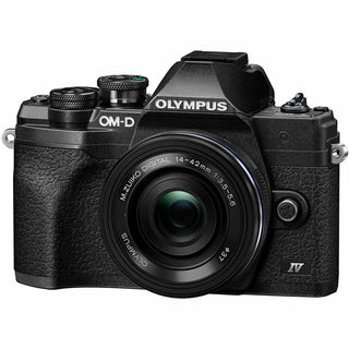 Front view of the Olympus E-M10 Mark IV with 14-42mm EZ Len Black