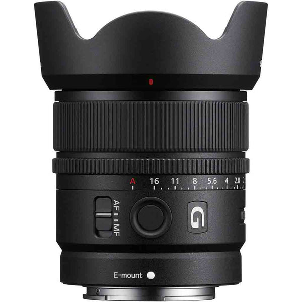 Lens Hood Attached & Lens Controls of the Sony E 15mm F1.4 G