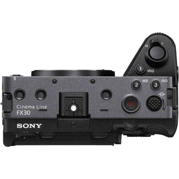 Top Side with Mounting Points and Operational Controls of the Sony FX30 Cine Camera