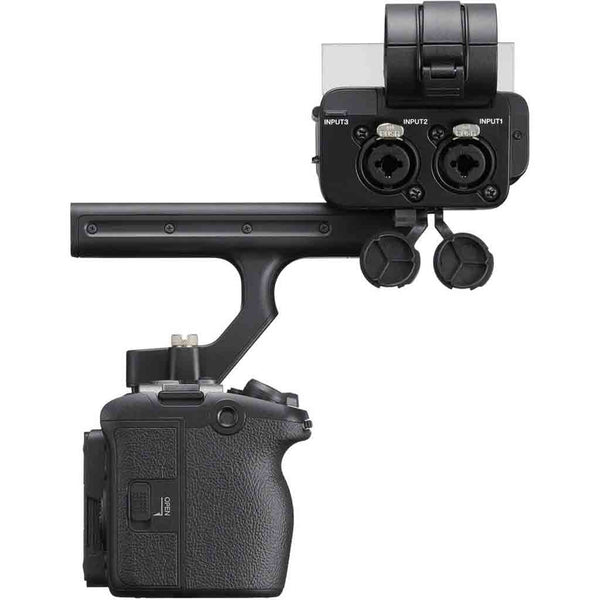 XLR Ports on the XLR-H1 Handle of the Sony FX30 Cine Camera