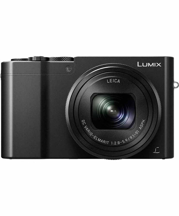 Front view of Panasonic Lumix ZS100 camera in black